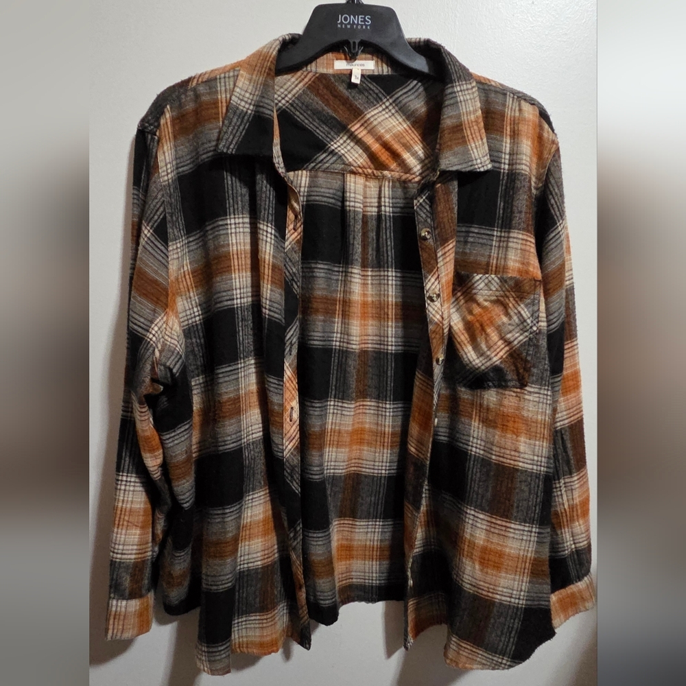 Maurices Plaid Button Down Shirt - Black, Brown, and Orange